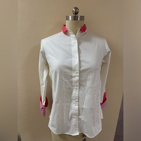 Pearly Vine White Button-Up Shirt with Pink Accents - Picture 1 of 5